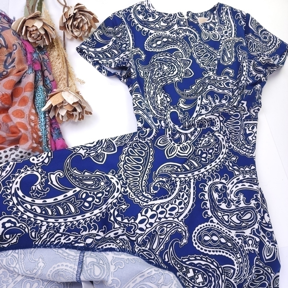 Michael Kors Blue White Paisley Print Dress Sz 4 - Picture 2 of 12